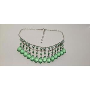 Green Beaded Bib Necklace Silver Chain Boho Forest Goth Whimsigoth Statement